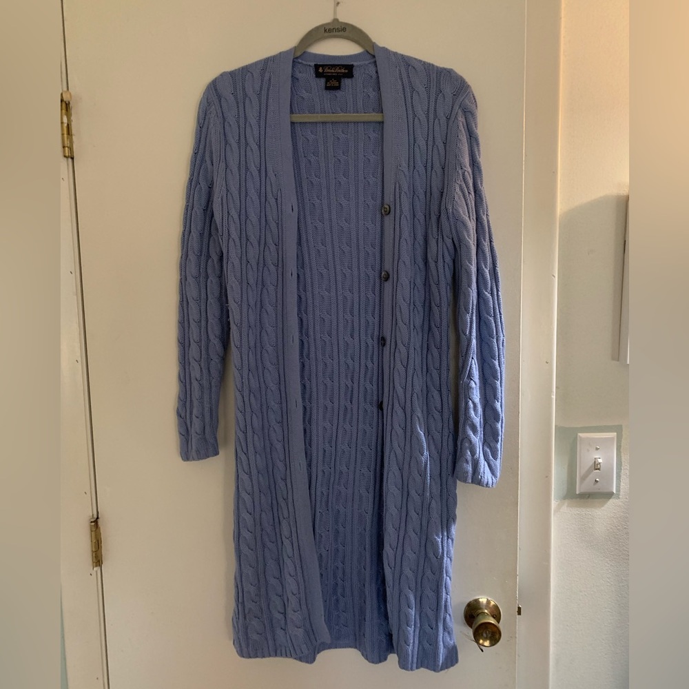 Long blue cable knit cardigan